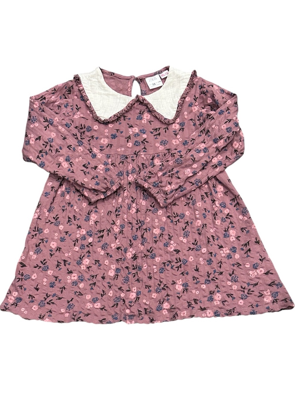 Zara Kids Mauve Floral Dress with White Peter Pan Collar 5-6 98% Cotton